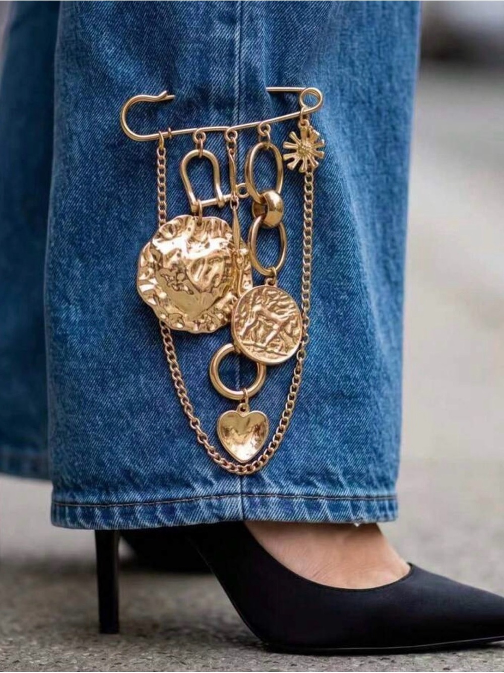 Gold Charm Safety Pin Brooch - Women Jewelry